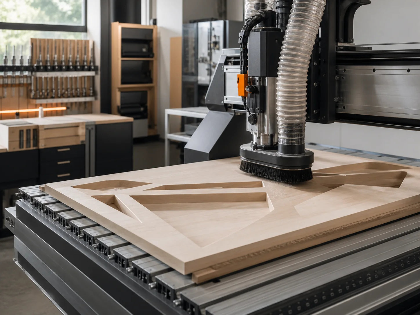 Professional woodworking and CNC equipment in use